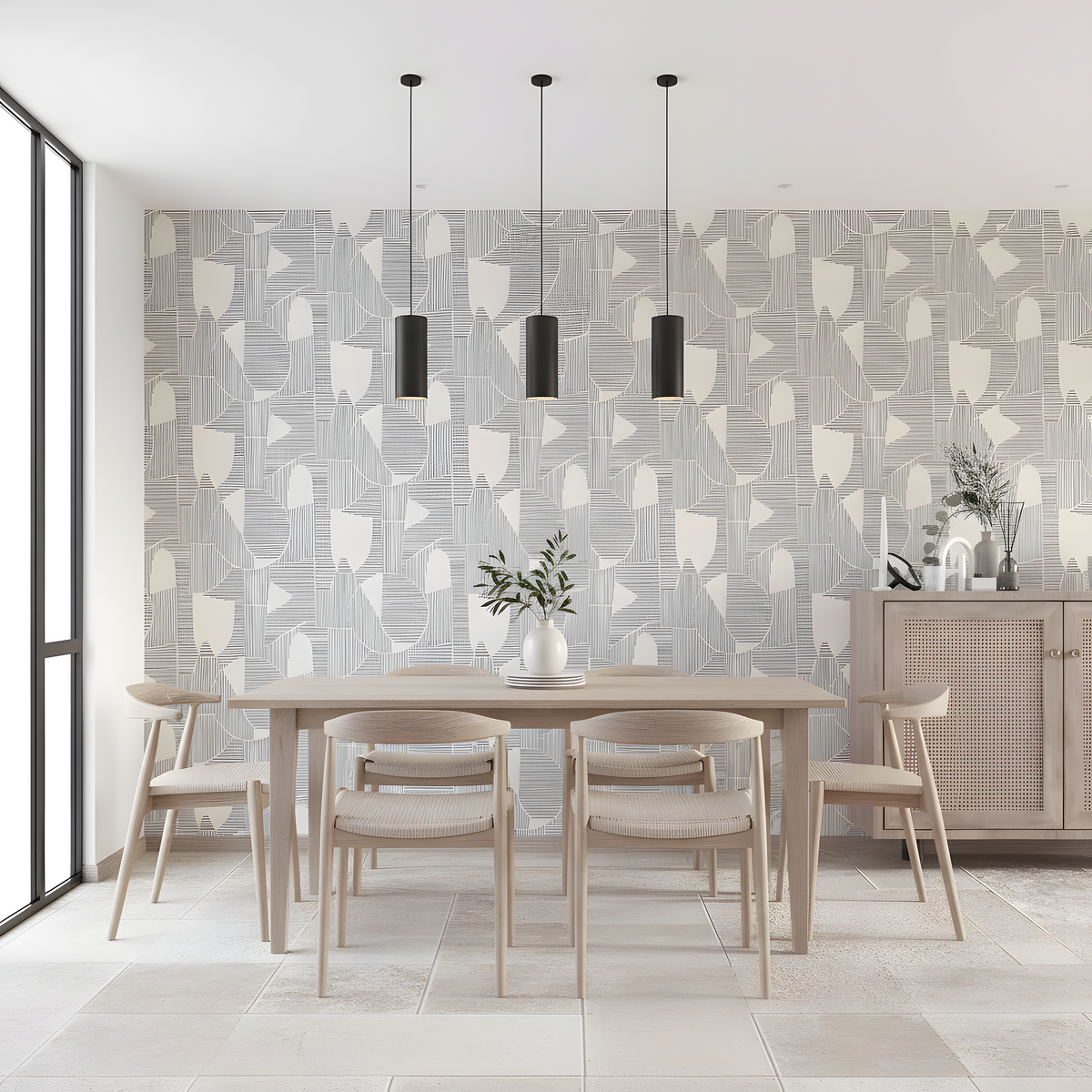 Dining room with a wooden table and chairs against a patterned wall.