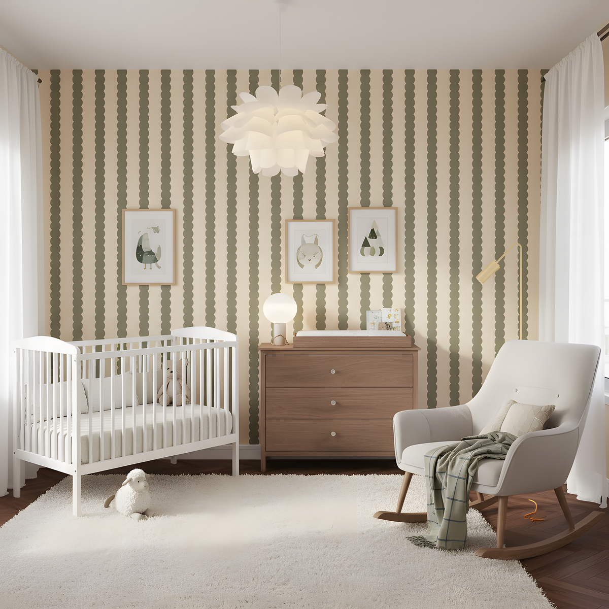 Nursery room with striped wallpaper, crib, dresser, and armchair.