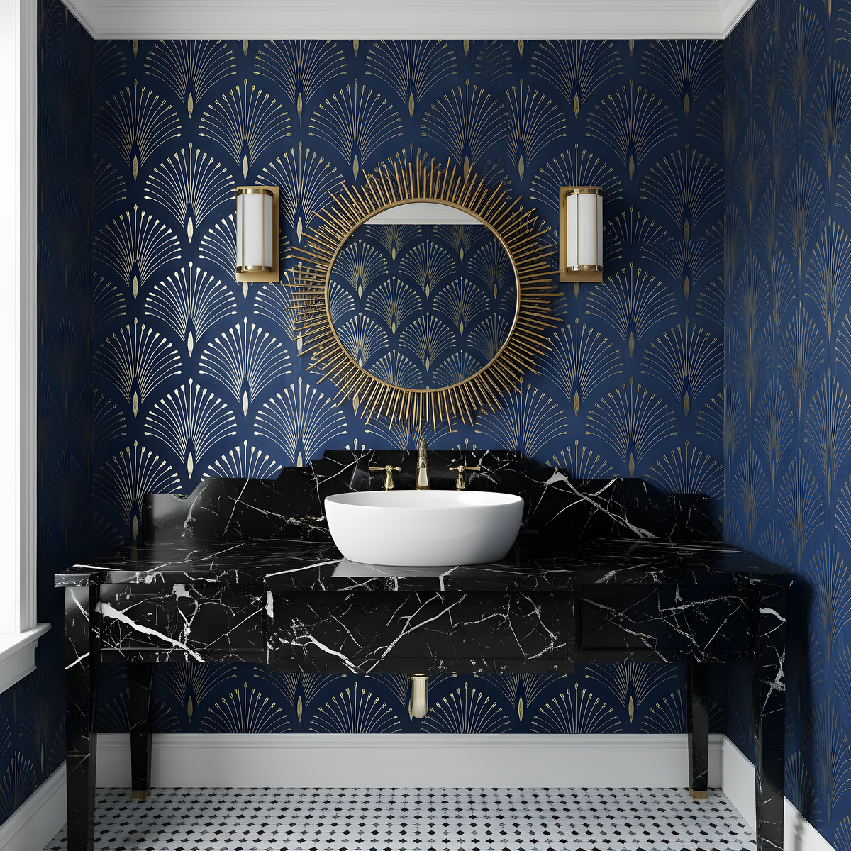Bathroom with blue patterned wallpaper, black marble vanity, and white sink.