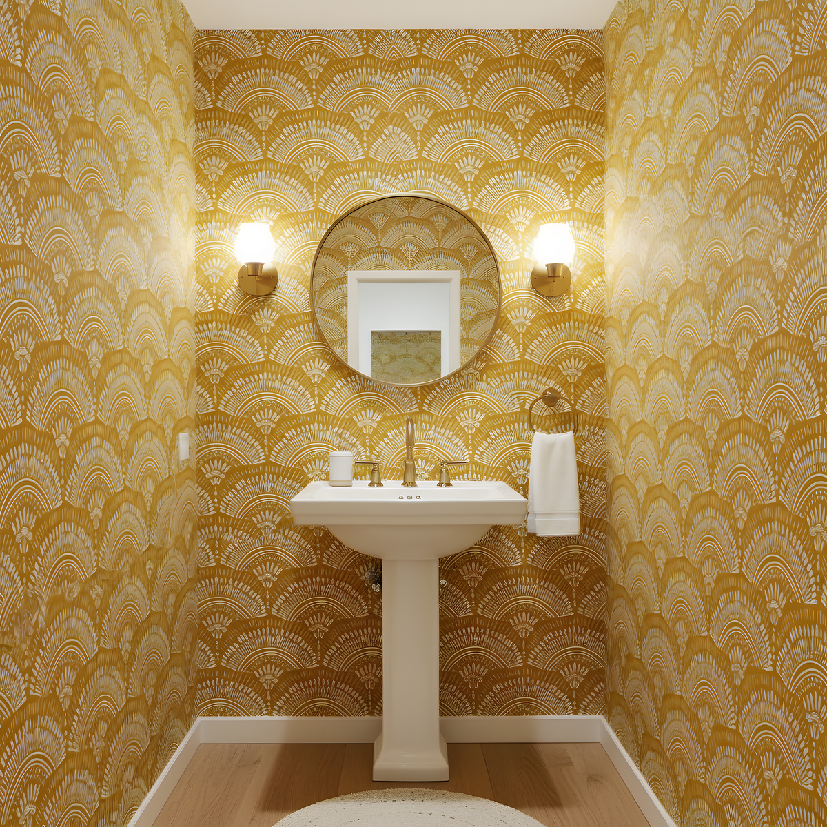 Bathroom with yellow patterned wallpaper, white sink, and round mirror.