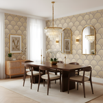 Dining room with wooden table, chairs, and decorative elements.