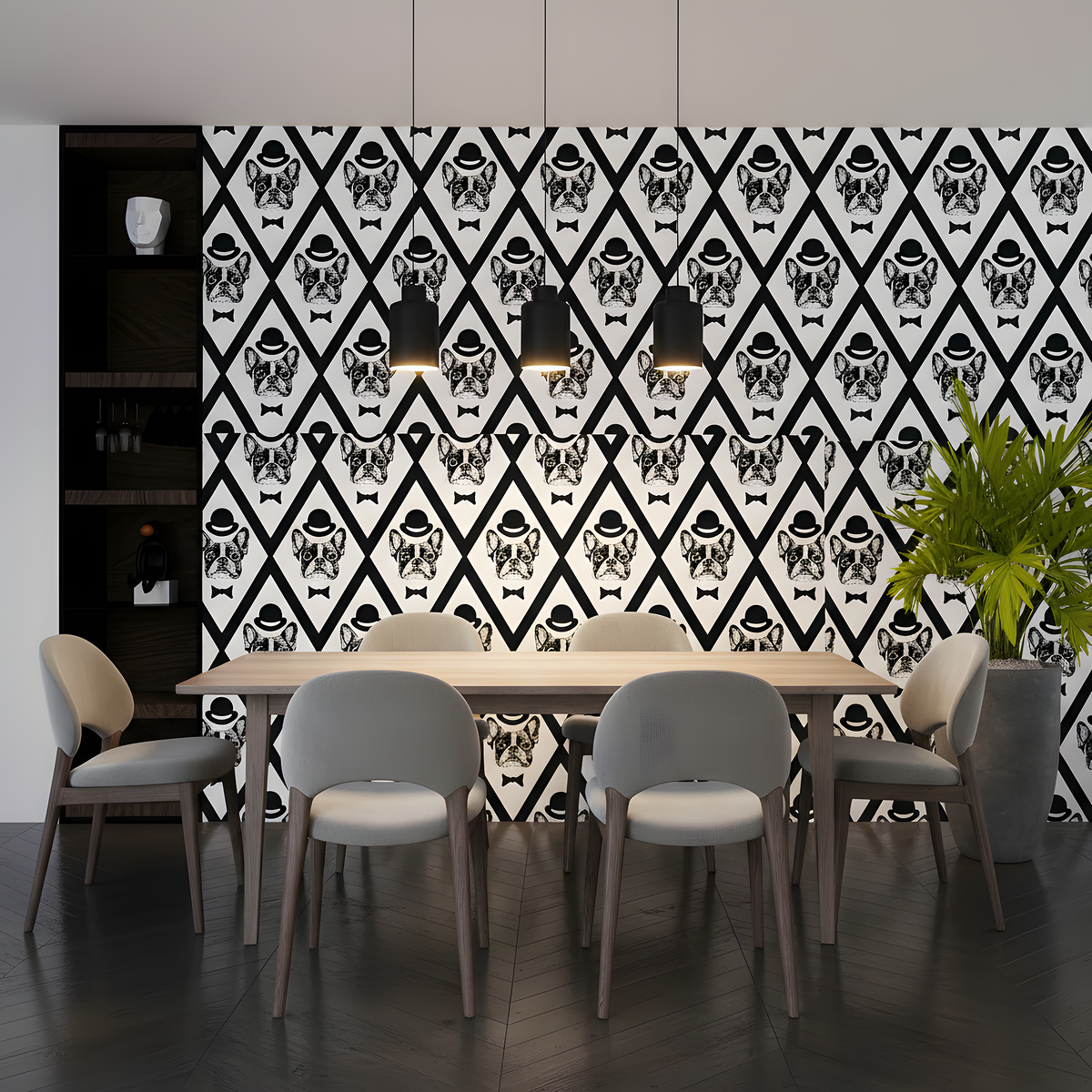 Dining area with a patterned wall, table, and chairs.
