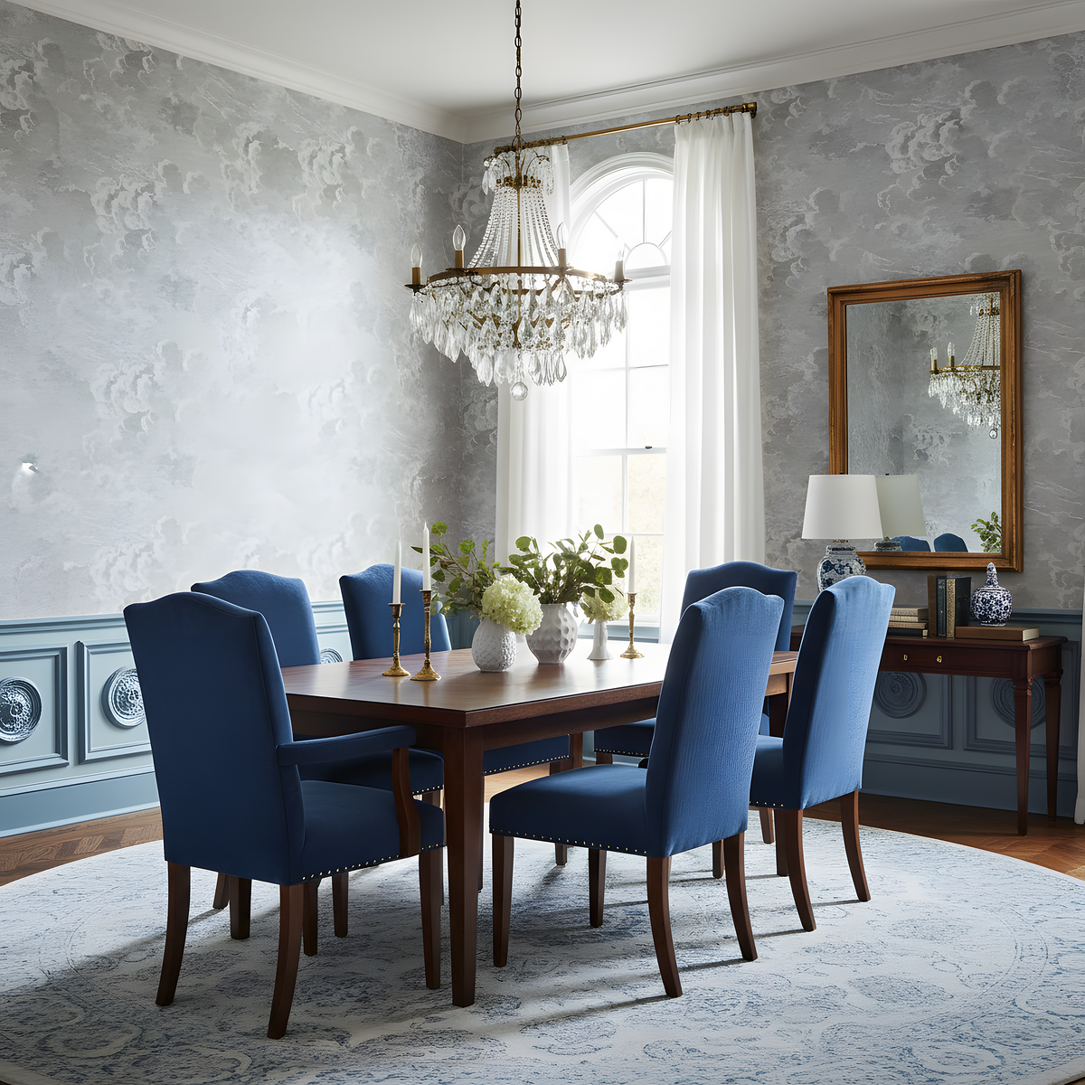 Dining room with wooden table and blue chairs, featuring a chandelier and decorative wall mirror.