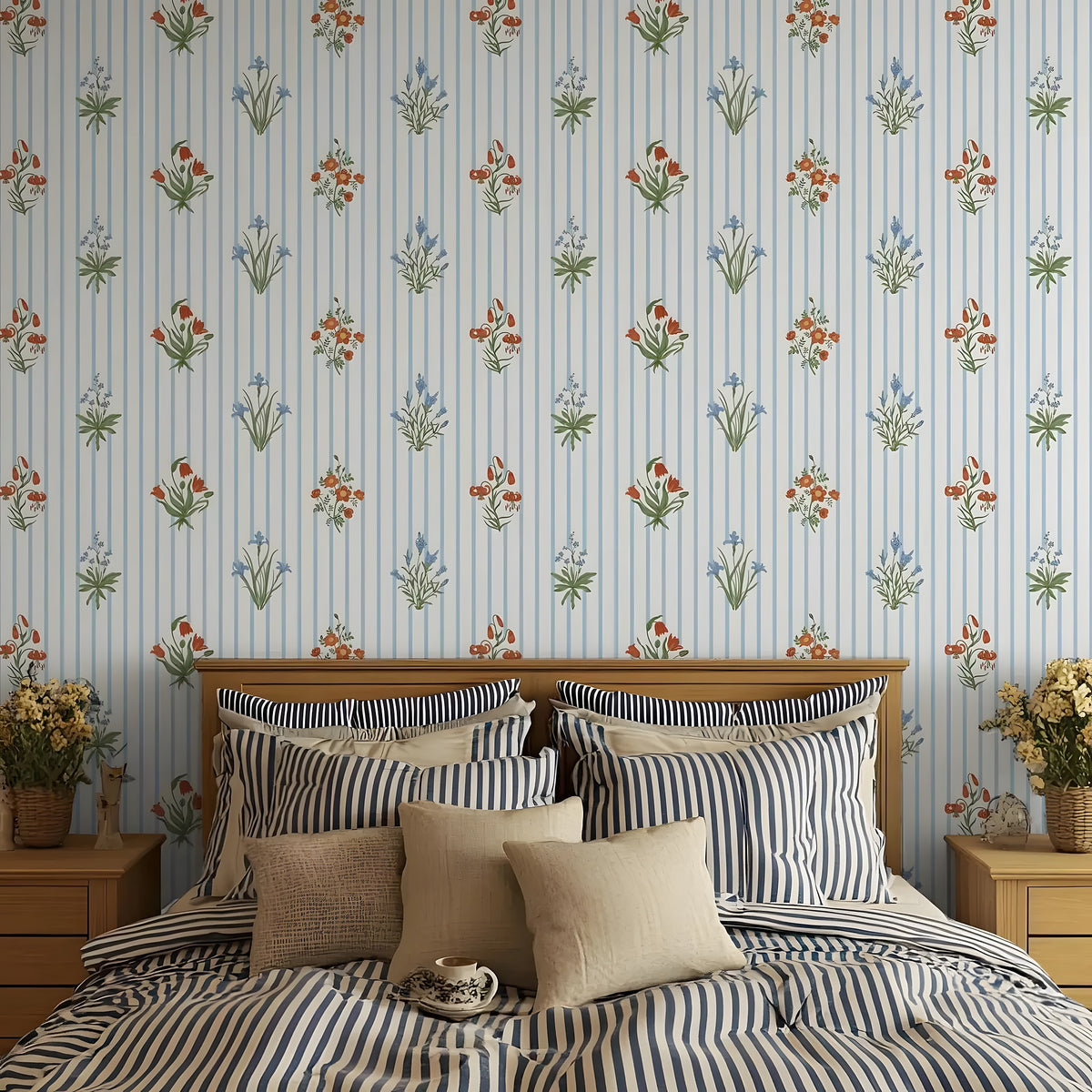Bedroom with floral wallpaper, wooden headboard, and striped bedding.