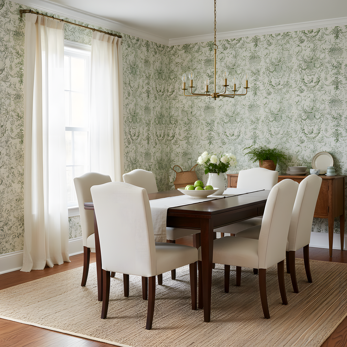 Dining room with floral wallpaper, wooden table, and white chairs.