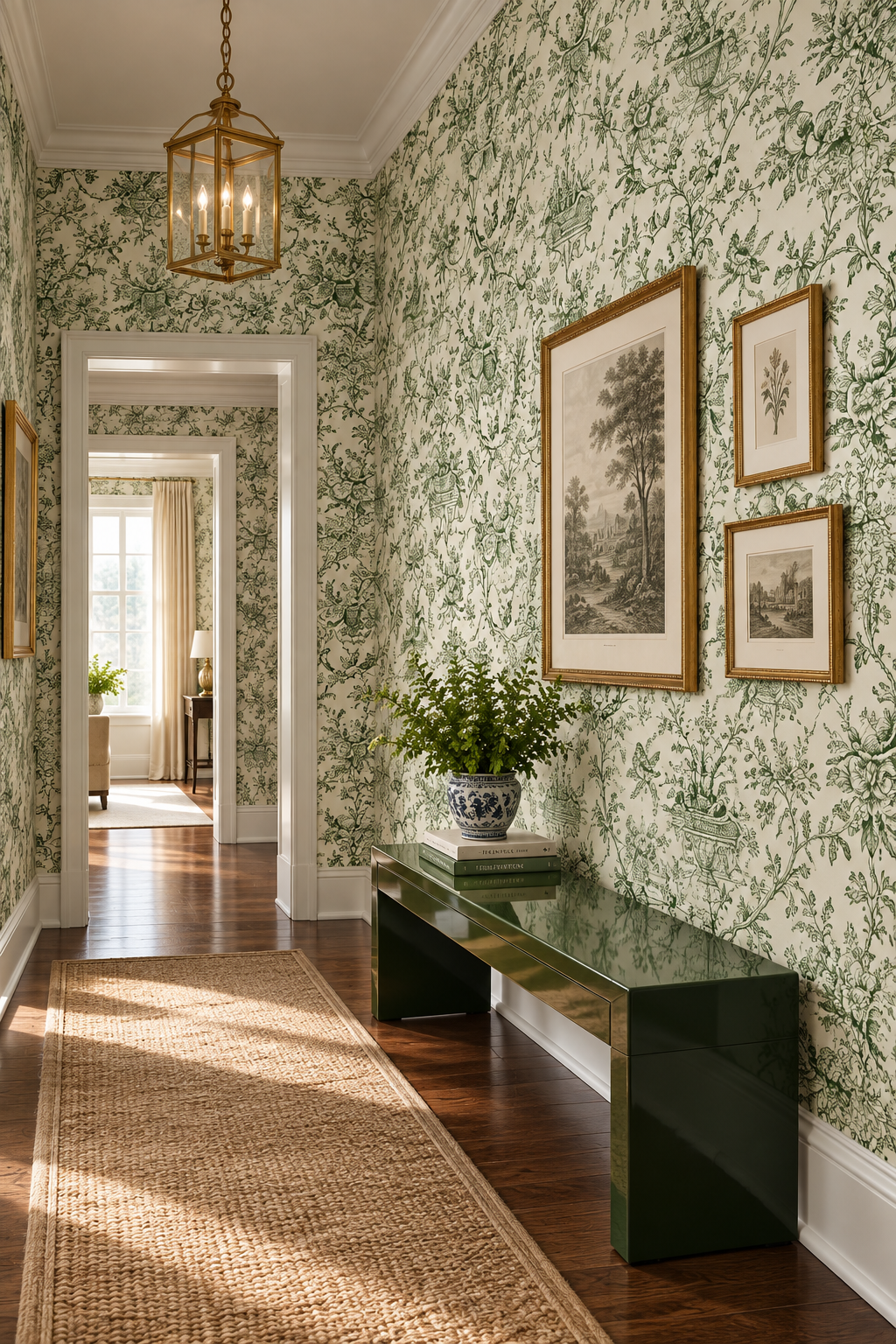 Green Toile Floral Wallpaper