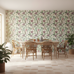 Dining room with floral wallpaper, wooden table, and chairs.