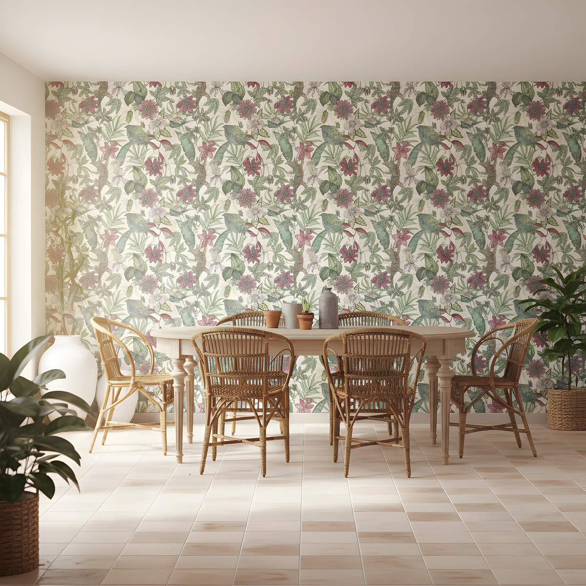 Dining room with floral wallpaper, wooden table, and chairs.