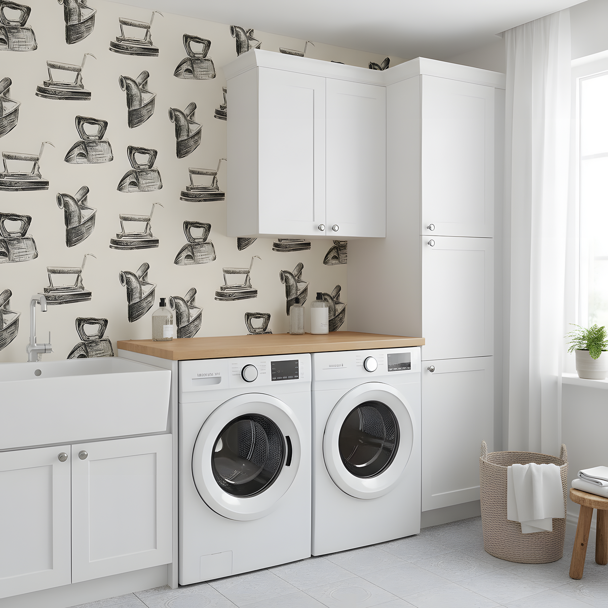 Modern laundry room with white washing machines, wooden countertop, and patterned wallpaper.