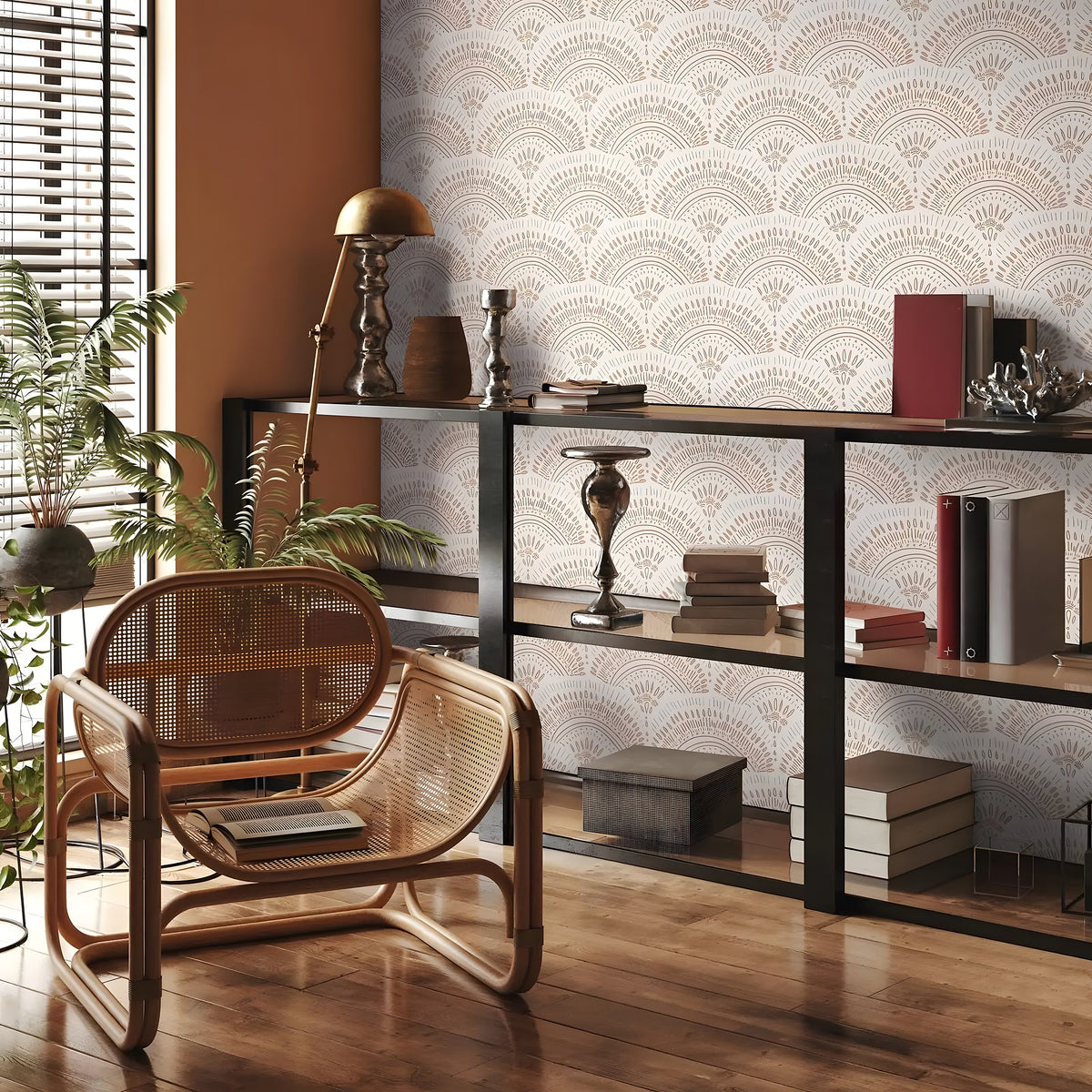 Modern interior with a wicker chair, bookshelf, and decorative items.