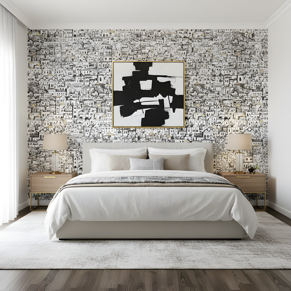 Modern bedroom with abstract art on a patterned wall