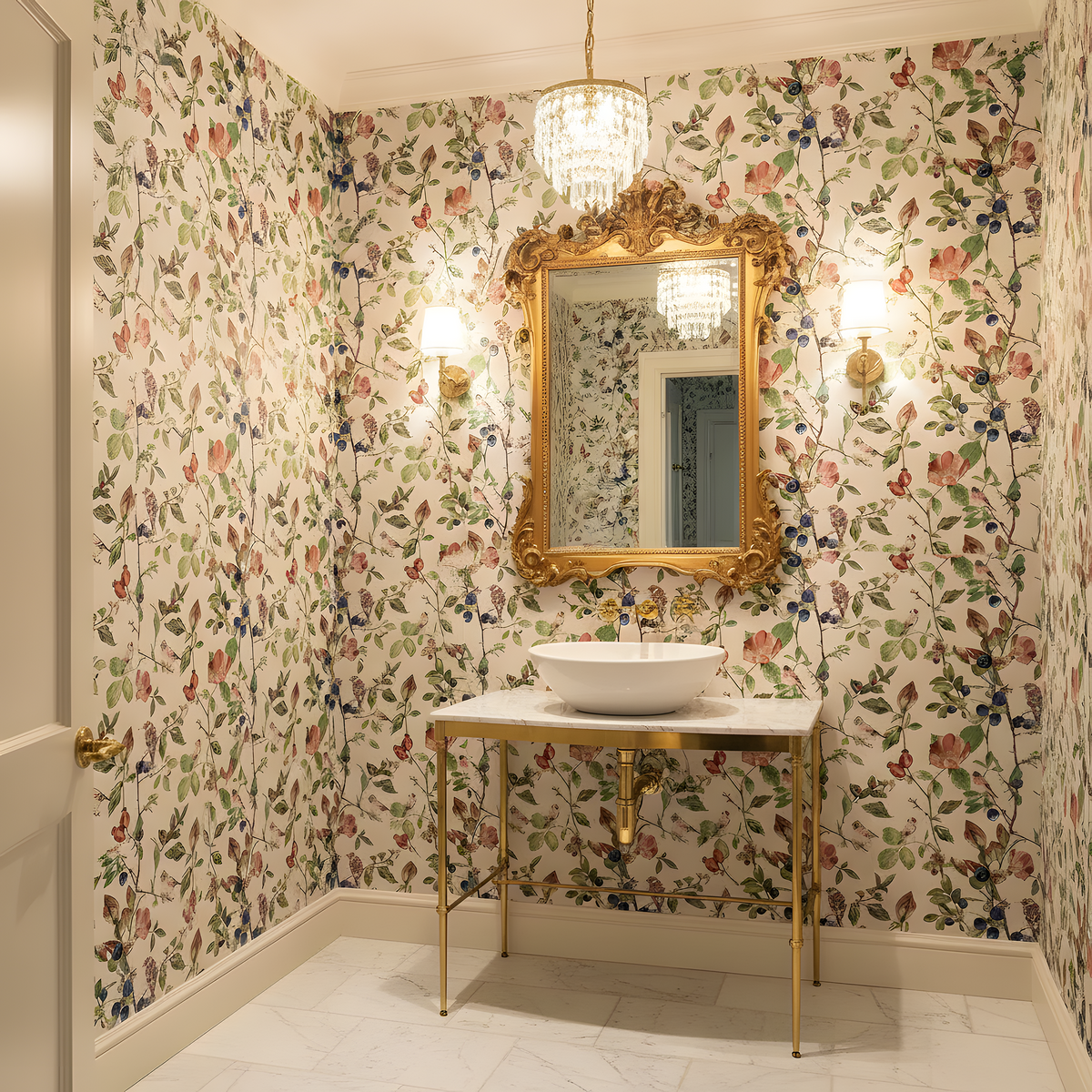 Bathroom with floral wallpaper, gold mirror, and sink.