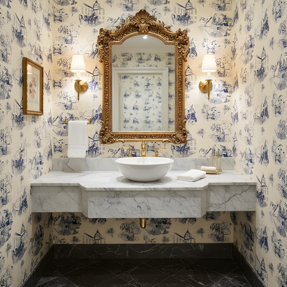 Bathroom with marble sink, gold-framed mirror, and decorative wallpaper