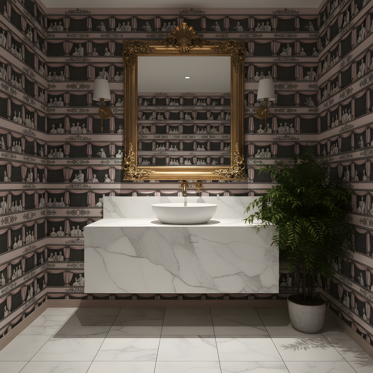 Bathroom with marble vanity, gold-framed mirror, and decorative wallpaper.