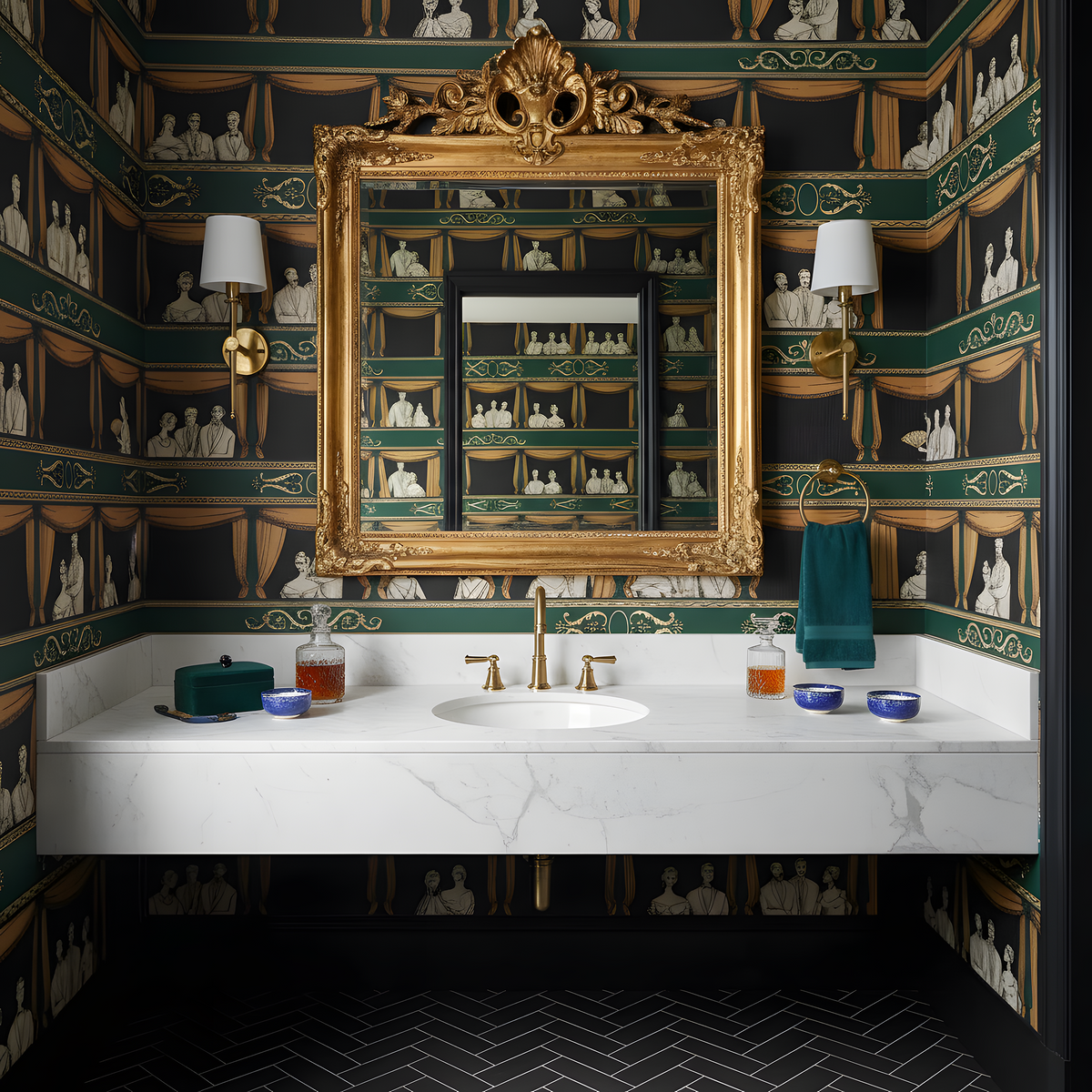 Luxurious bathroom with ornate gold mirror, marble sink, and decorative wallpaper.