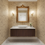 Bathroom with ornate mirror, sink, and decorative wall lights.