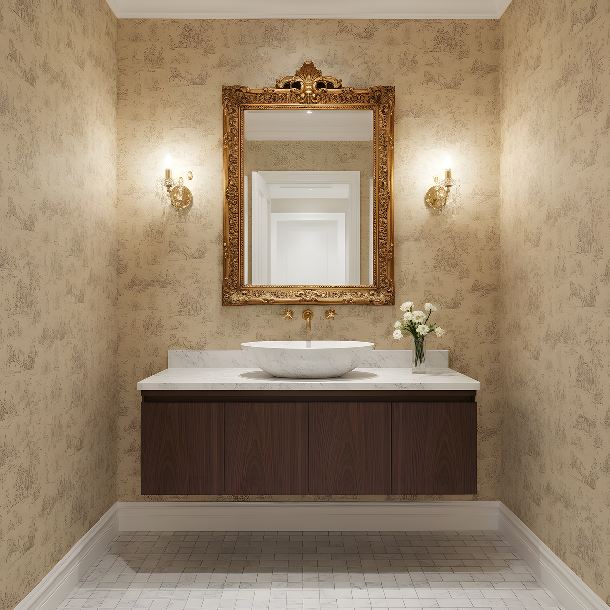 Bathroom with ornate mirror, sink, and decorative wall lights.