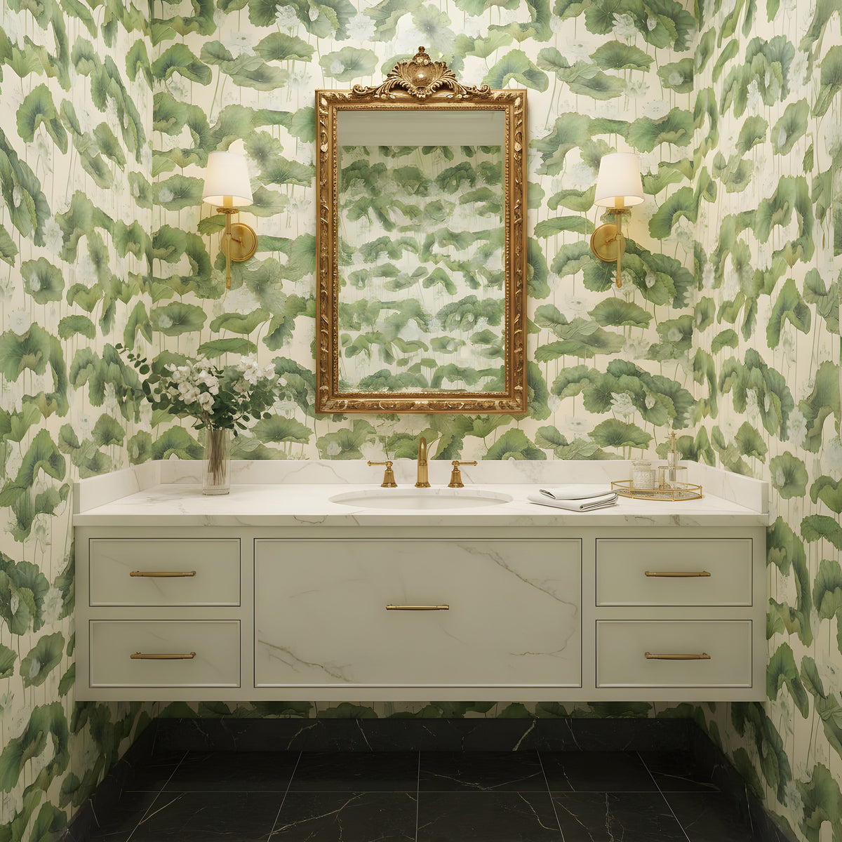Bathroom with green leaf-patterned wallpaper, marble vanity, and gold-framed mirror.
