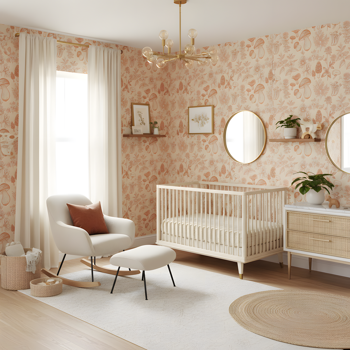 Nursery room with floral wallpaper, crib, and decorative elements.