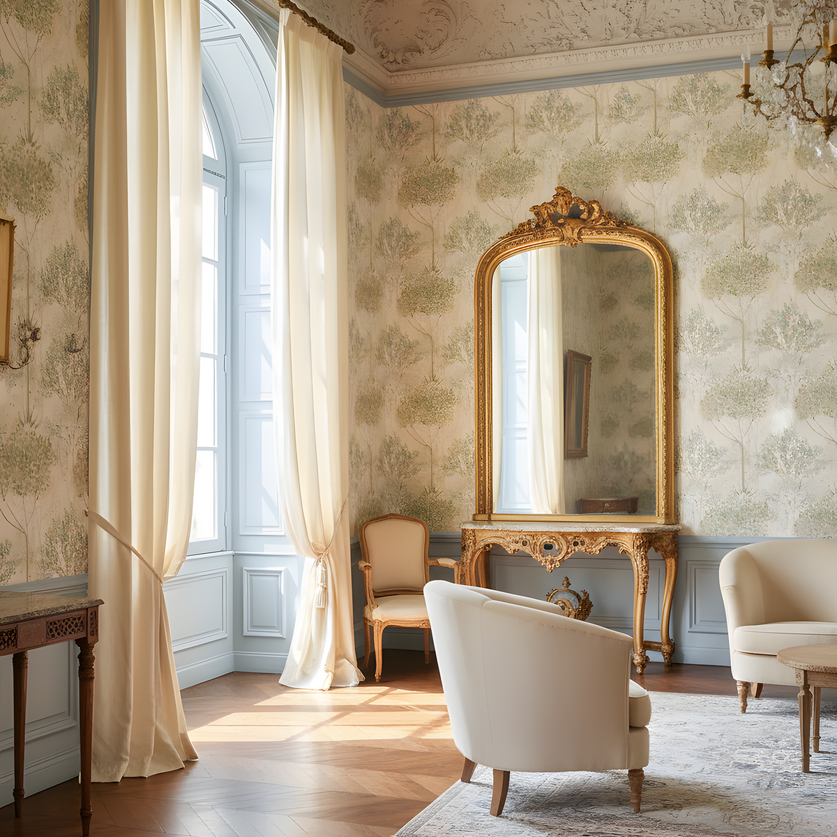 Luxurious interior of a room with ornate wallpaper, a large mirror, and elegant furniture.