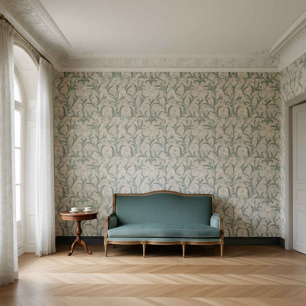 Vintage-style room with a teal sofa and wooden table against a patterned wall.