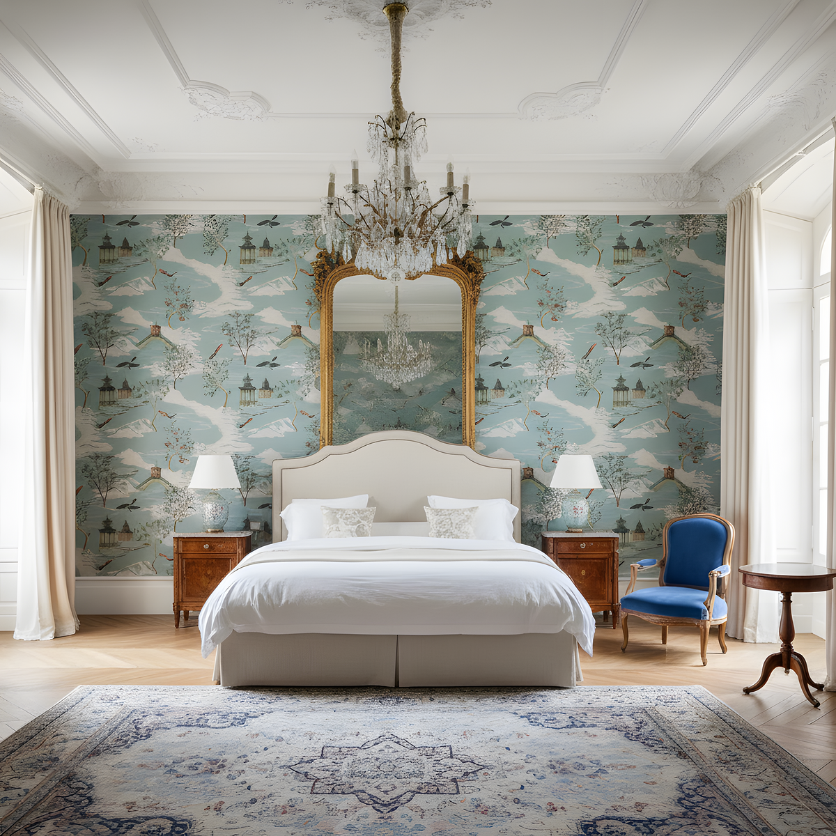 Luxurious bedroom with patterned wallpaper, chandelier, and elegant furniture.