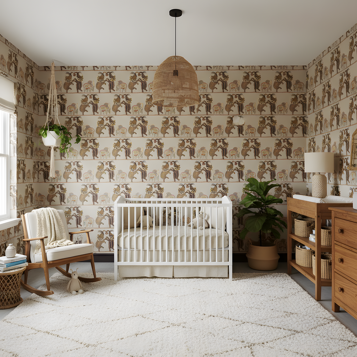 Nursery room with crib, rocking chair, and patterned wallpaper.