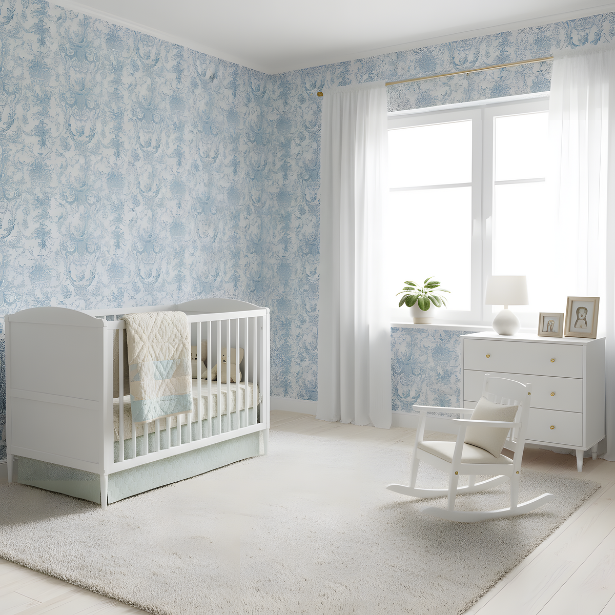 Nursery room with white crib, rocking chair, and decorative wallpaper.