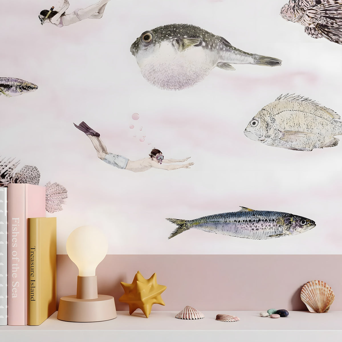 Wallpaper with fish illustrations on a wall with decorative items below.