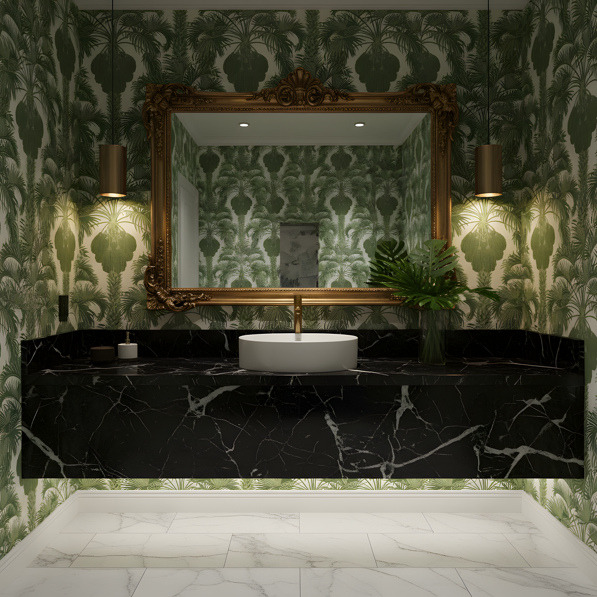 Bathroom with green patterned wallpaper, black marble vanity, and gold-framed mirror.