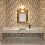 Bathroom with ornate mirror, sink, and decorative wallpaper