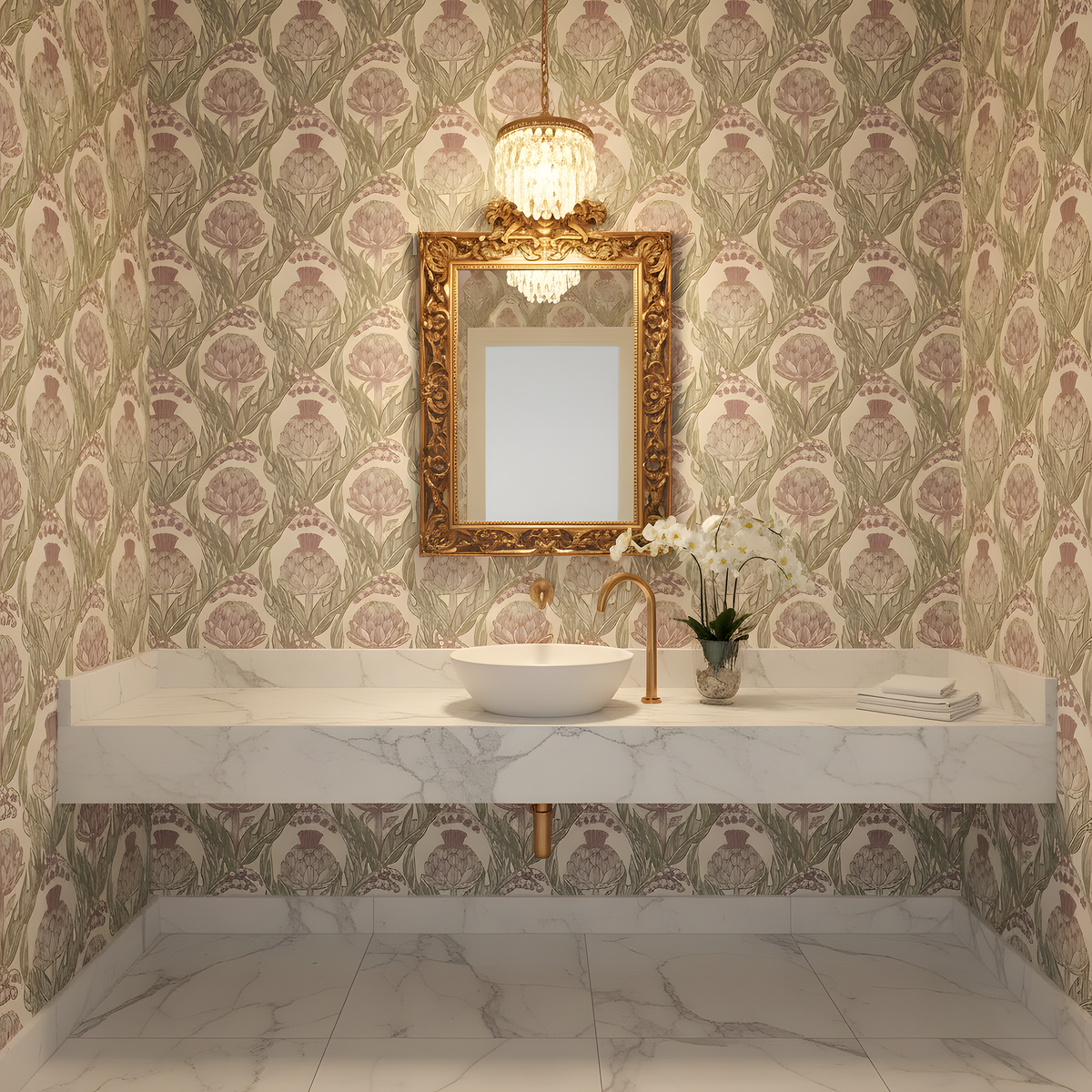 Bathroom with ornate mirror, sink, and decorative wallpaper