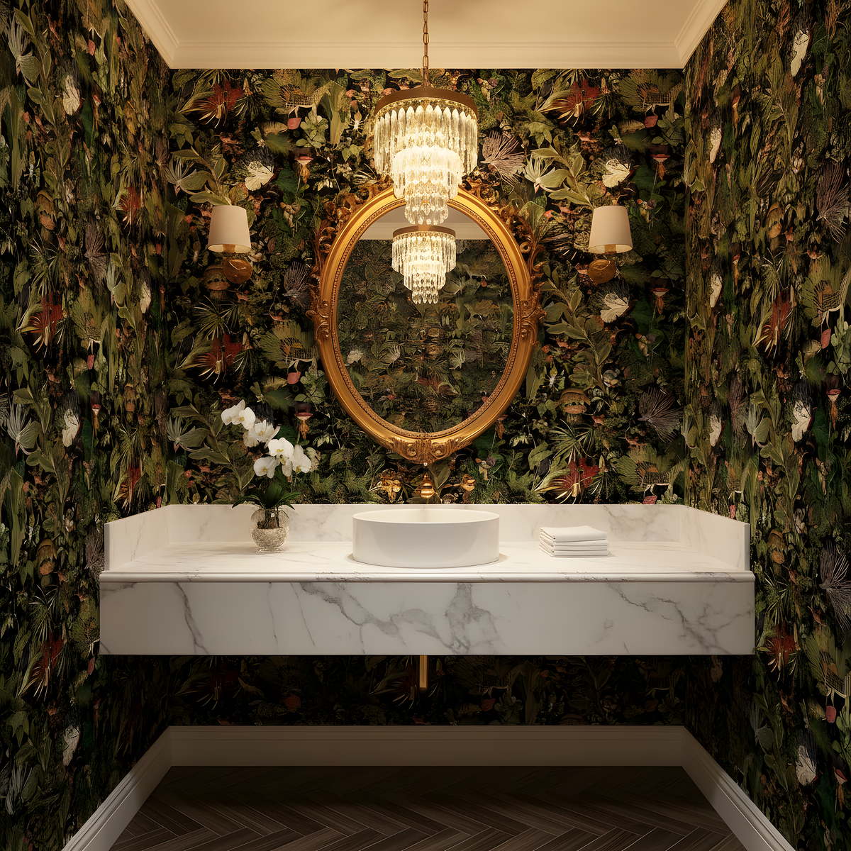 Bathroom with floral wallpaper, marble sink, and chandelier.