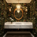 Bathroom with floral wallpaper, marble sink, and chandelier.
