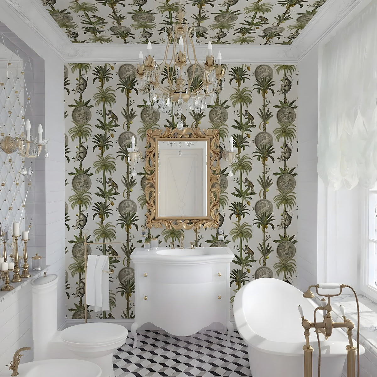 Luxurious bathroom with palm tree wallpaper, gold fixtures, and a chandelier.