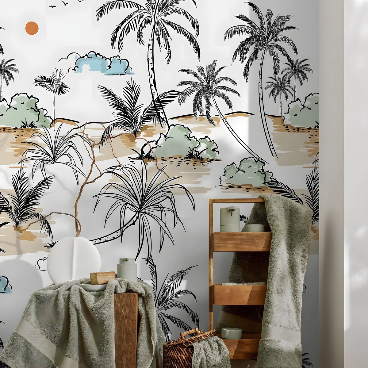 Tropical-themed wallpaper with palm trees and beach scene in a bathroom setting.
