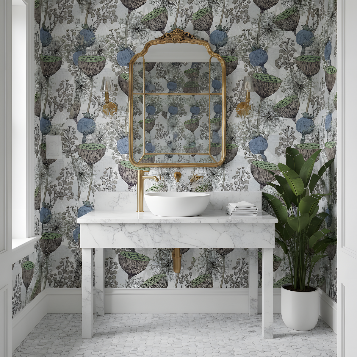 Bathroom with floral wallpaper, marble vanity, and decorative mirror.