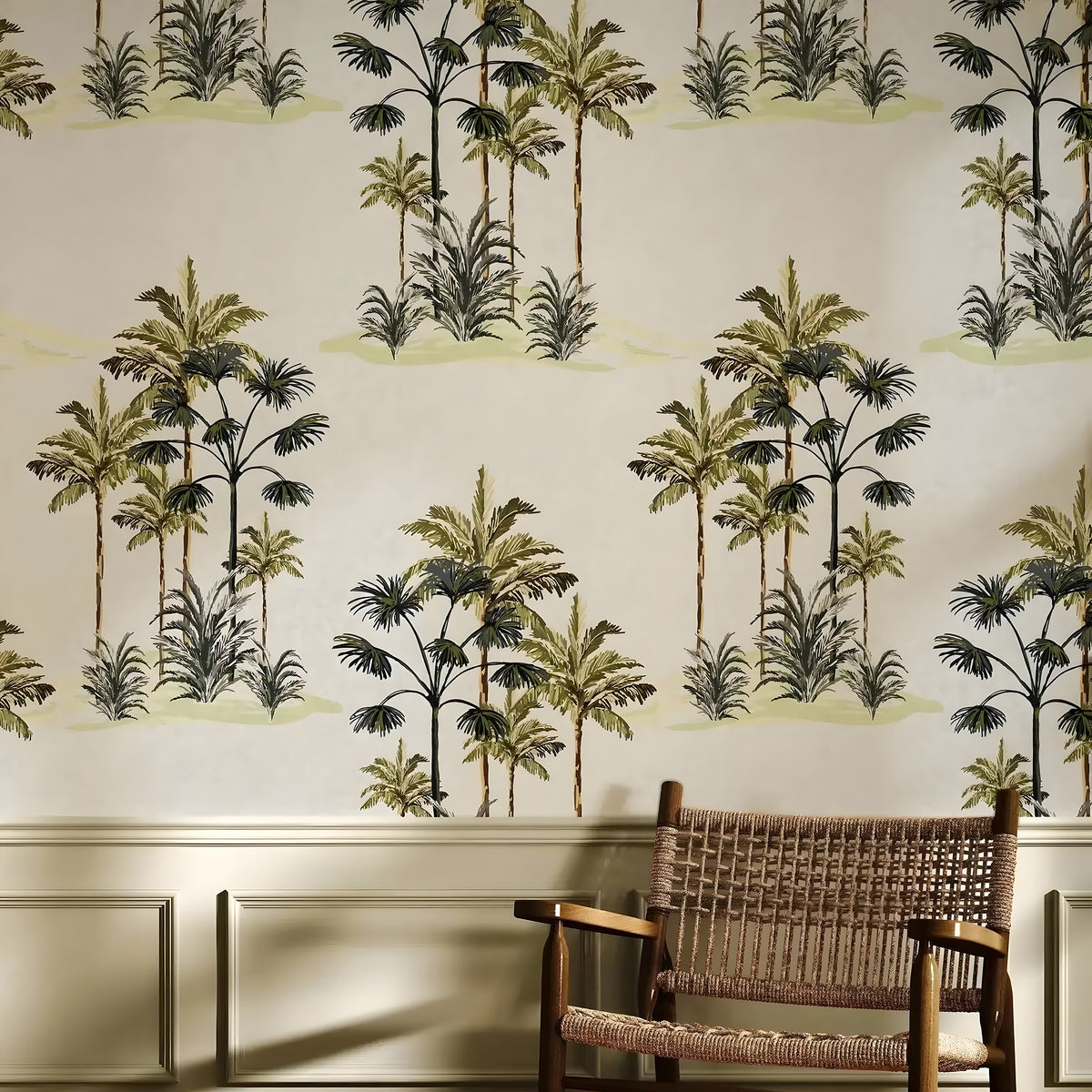 Wallpaper with palm tree design in a room with a chair.