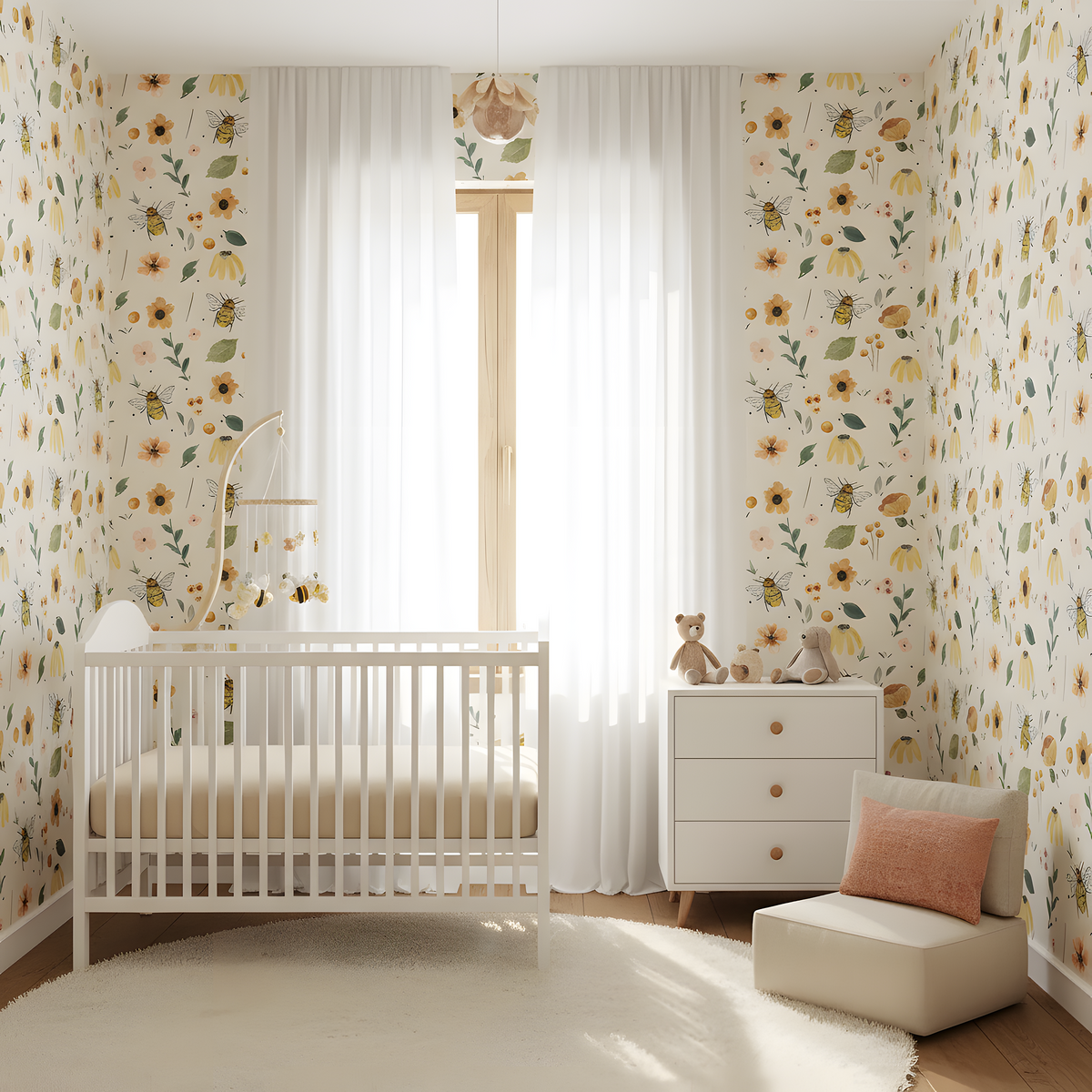 Nursery room with floral wallpaper, white crib, and decorative items.