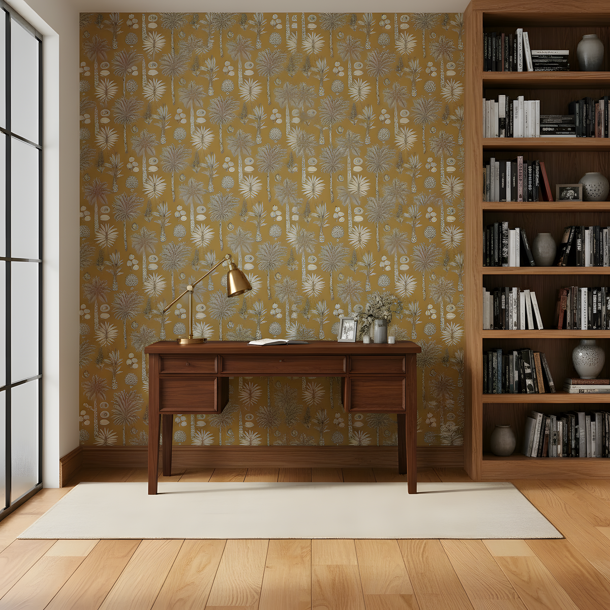 Wooden desk with a lamp and decorative items against a patterned wall with a bookshelf in the background.