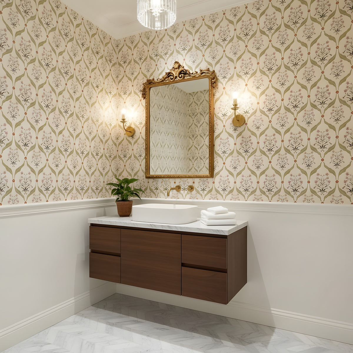 Decorative wallpaper with a floral pattern on a wall.