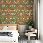 Decorative wallpaper with floral and bird pattern in a bedroom setting.