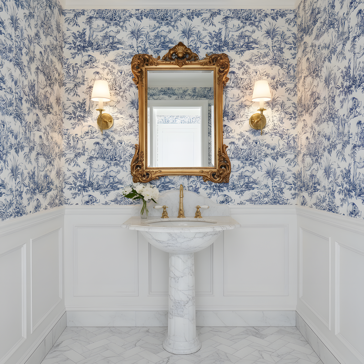 Bathroom with blue floral wallpaper, marble sink, and gold-framed mirror.