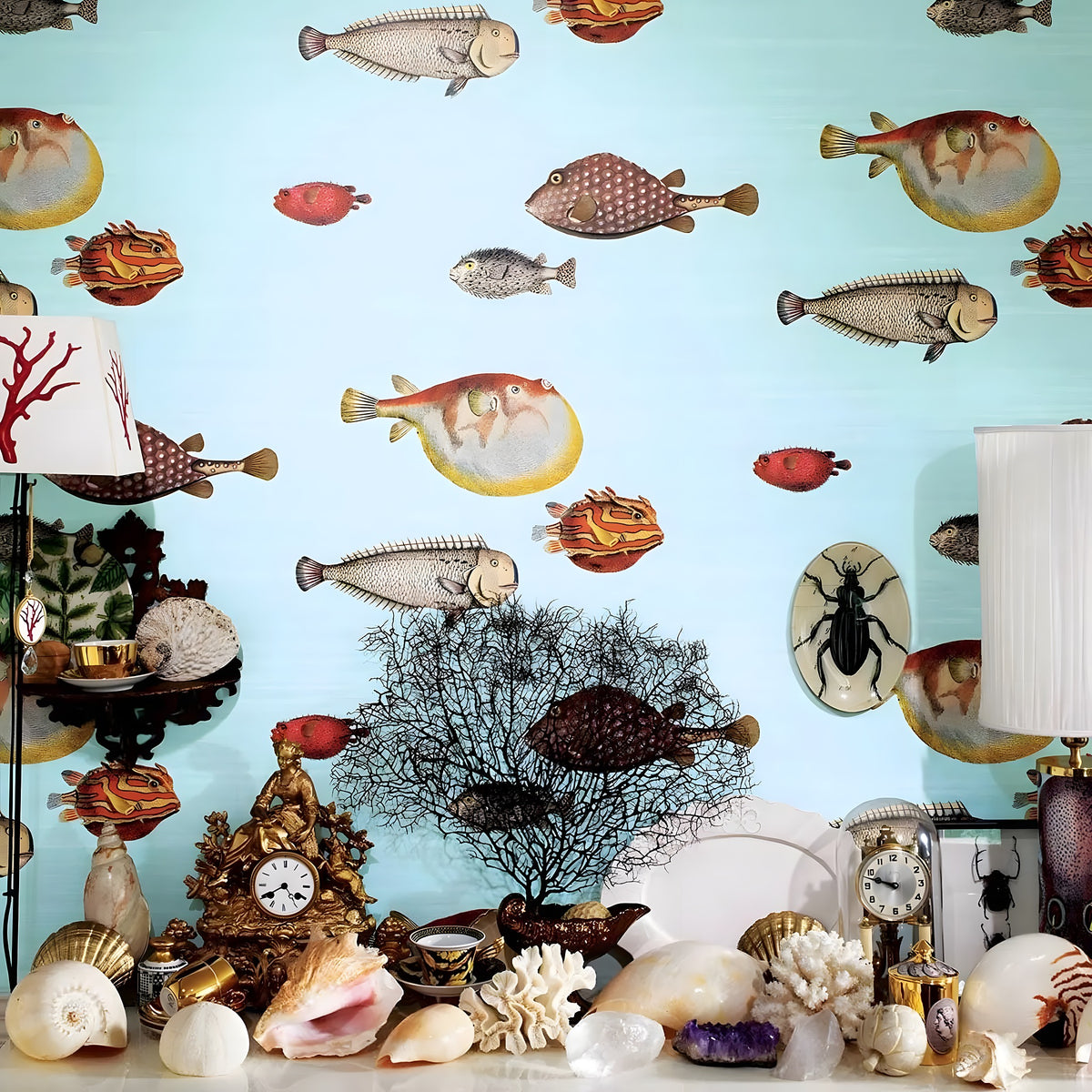 Decorative setting with sea-themed items including fish, shells, and a clock against a light blue wall.