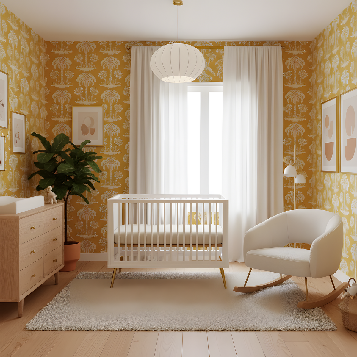 Nursery room with yellow patterned walls, white crib, and wooden dresser.