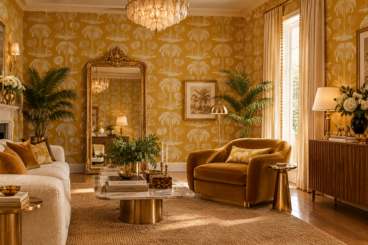 Papel pintado tropical Palm Island color crema