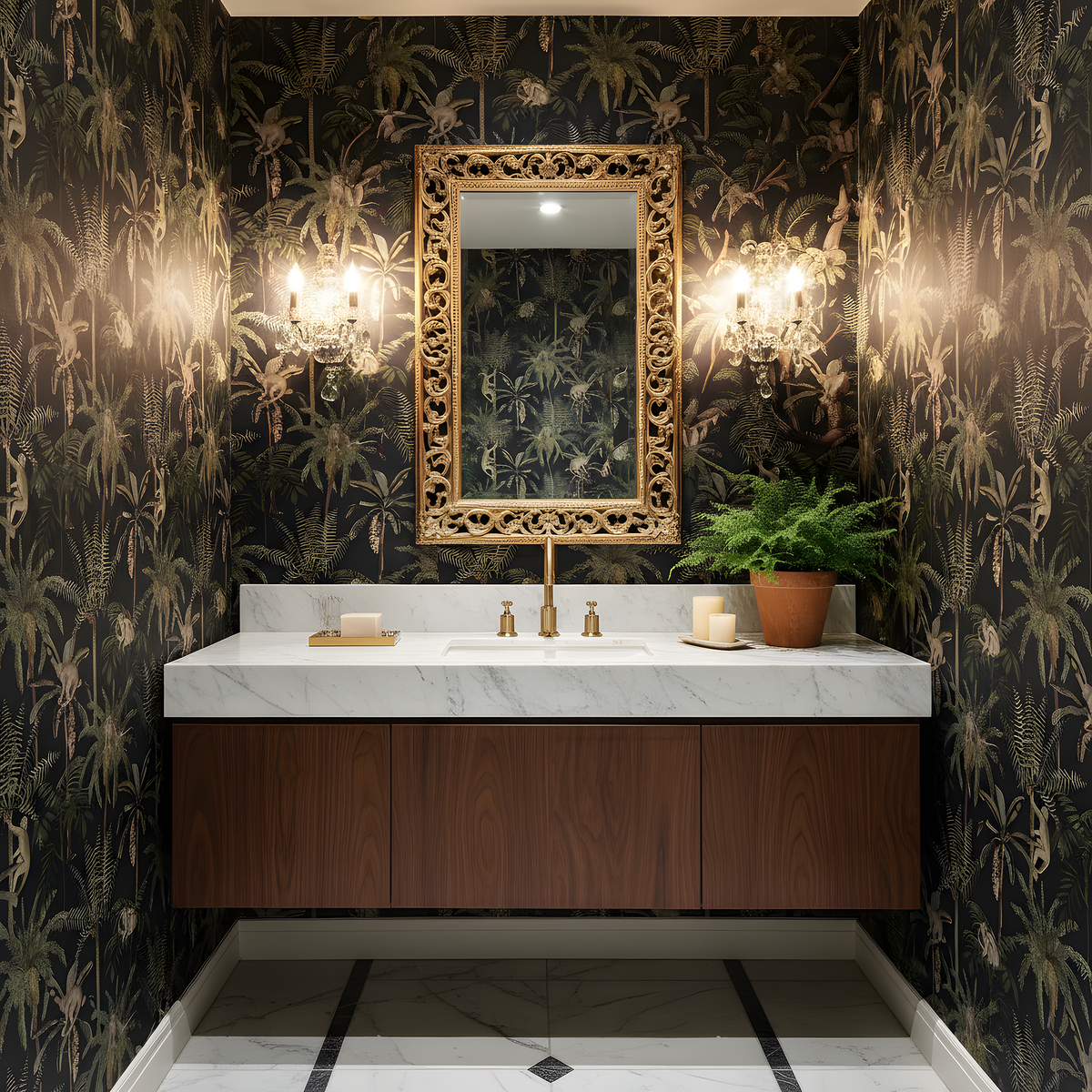 Bathroom with dark floral wallpaper, marble vanity, and decorative mirror.