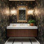 Bathroom with dark floral wallpaper, marble vanity, and decorative mirror.