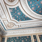 Decorative ceiling with intricate patterns and blue wallpaper