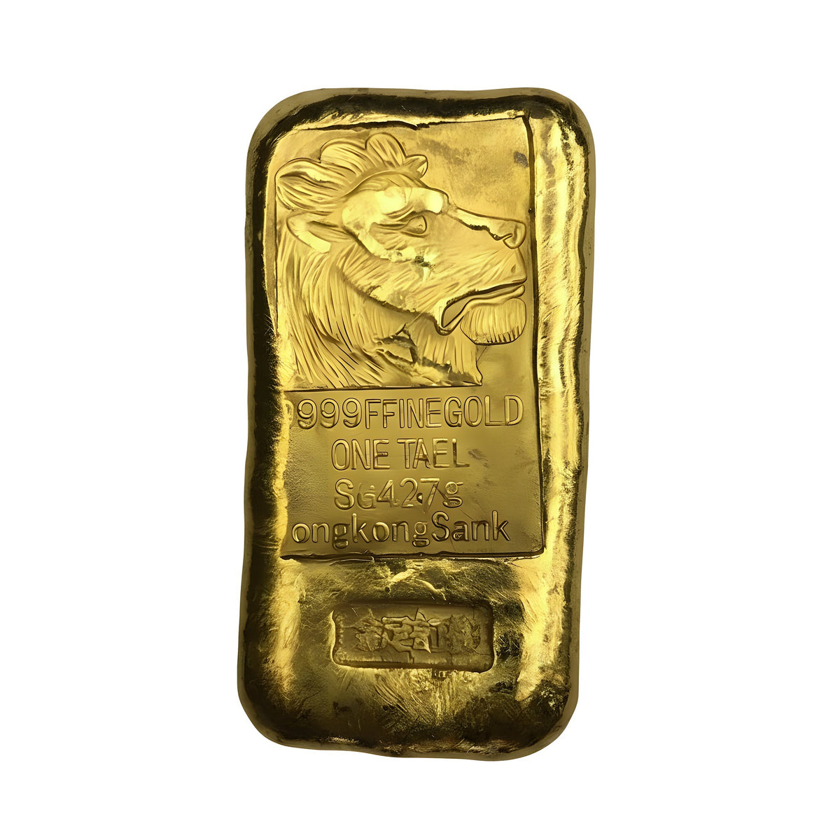 Gold bar with a lion design on a gray background